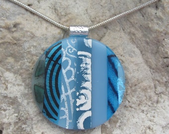 Blue Strip Necklace Fused Glass Pendant Handmade Blue Glass Jewelry