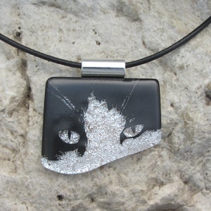 Cat Pendant Jewelry Dichroic Fused Glass Tuxedo Cat Necklace black cord