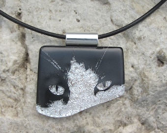 Cat Pendant Jewelry Dichroic Fused Glass Tuxedo Cat Necklace