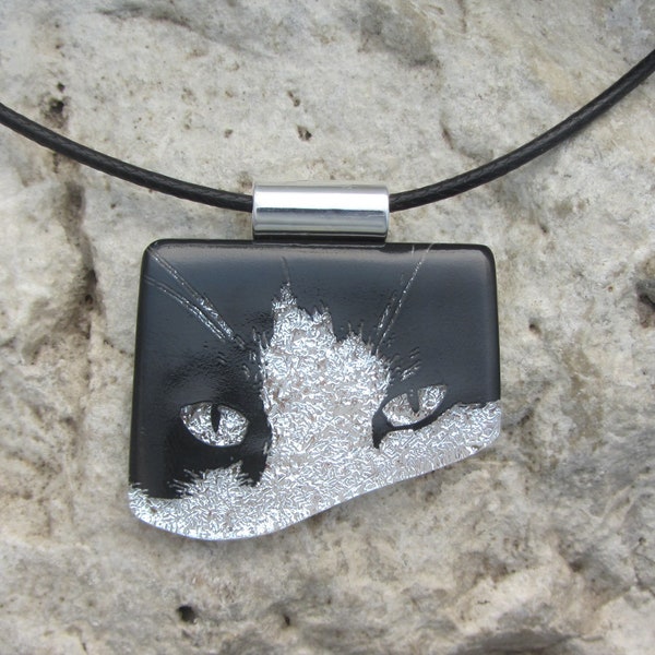 Cat Pendant Jewelry Dichroic Fused Glass Tuxedo Cat Necklace