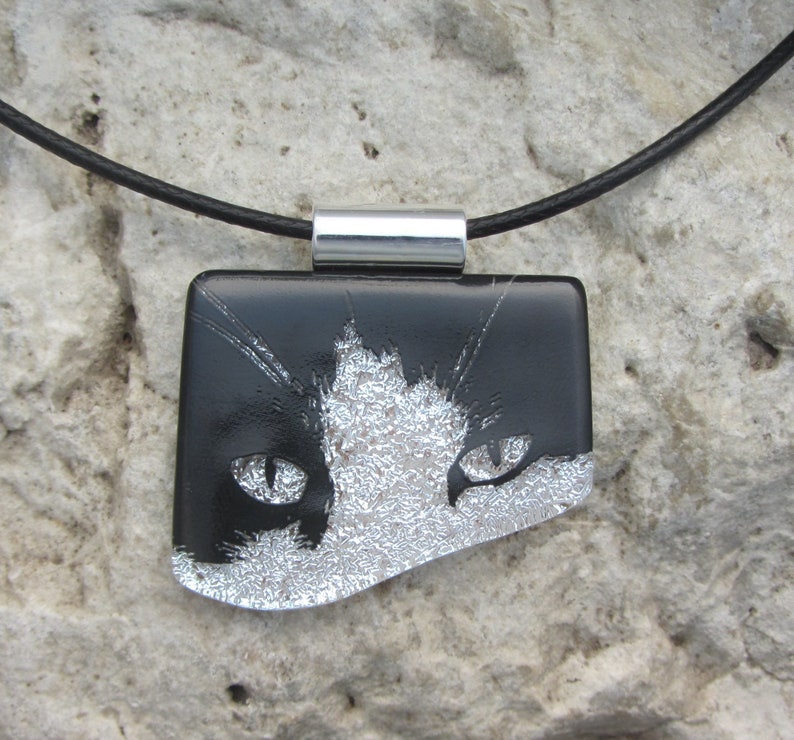 Cat Pendant Jewelry Dichroic Fused Glass Tuxedo Cat Necklace black cord