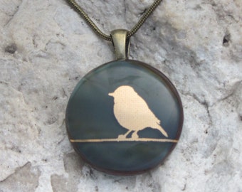 Bird Necklace Fused Glass Small Gold Bird Pendant