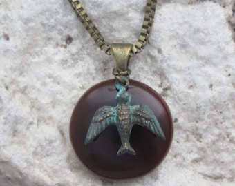 Bird Necklace Fused Glass Earthy Bird Pendant