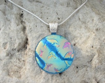 Dolphin Necklace Fused Dichroic Glass Blue Rainbow Dichroic Dolphin Pendant