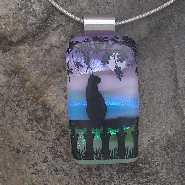 Moon Cat Pendant Dichroic Fused Glass Jewelry Cat Necklace