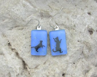 Blue Cat Earrings  Fused Dichroic Glass Earrings  Black Cat Jewelry