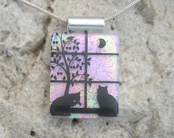 Pink Rainbow Cat Jewelry Cat Necklace Fused Dichroic Glass Pink Two Cats Pendant