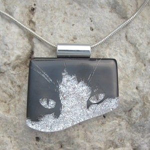 Cat Pendant Jewelry Dichroic Fused Glass Tuxedo Cat Necklace silver chain