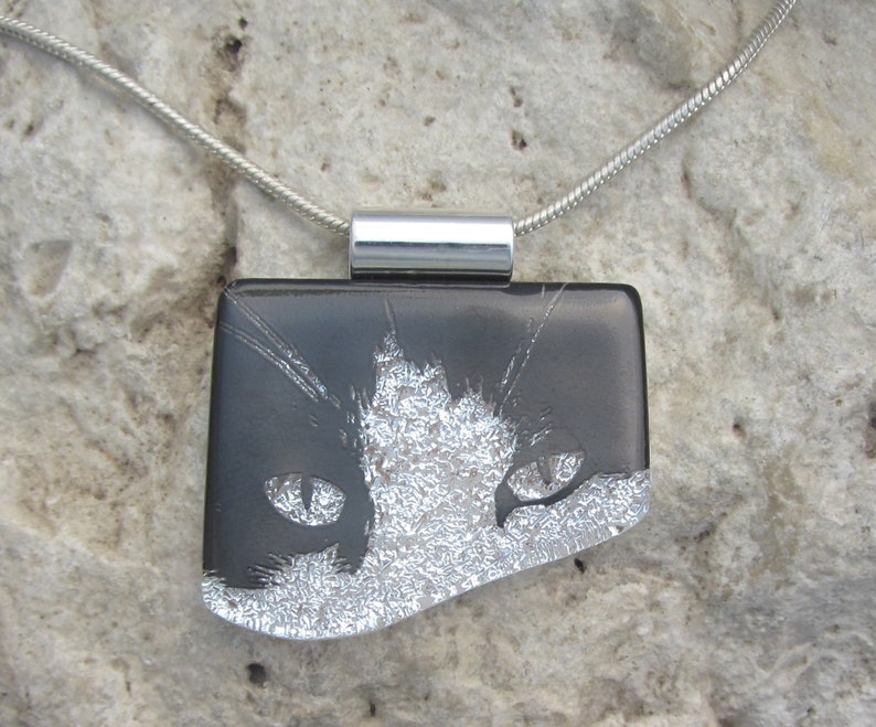 Cat Pendant Jewelry Dichroic Fused Glass Tuxedo Cat Necklace silver chain