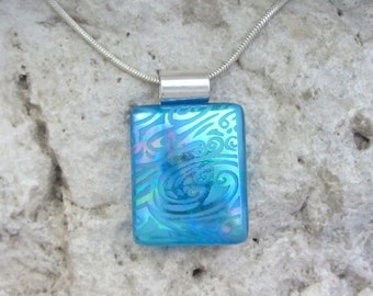 BlueNecklace Fused Dichroic Glass RainbowTuquoise Blue Dichroic Pendant