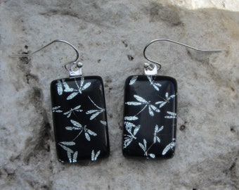 Dragonfly Earrings Fused Dichroic Glass Black and Silver Dragonfly Jewelry