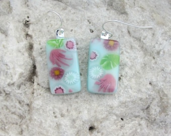 Fuchsia Flower Garden Earrings Fused Glass Pink  Blue Floral Earrings