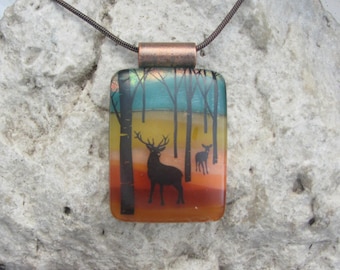 Forest Deer Fused Dichroic Glass Necklace Earth Tones Deer Pendant