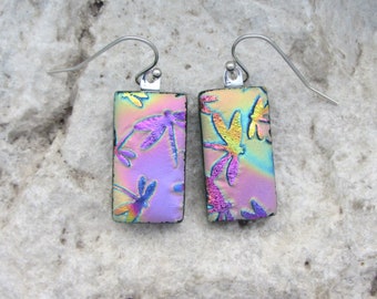 Dragonfly Earrings Fused Dichroic Glass Pink Rainbow Dragonfly Jewelry