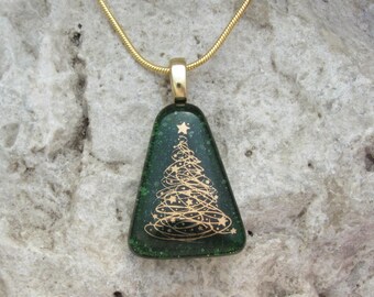 Weihnachtsbaum Halskette Geschmolzenes Glas Gold und Grün Weihnachtsanhänger