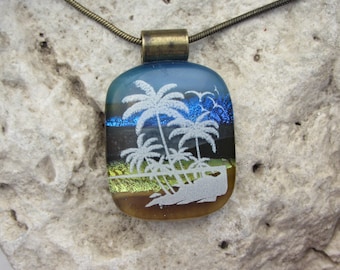 Palm Tree Necklace Dichroic Fused Glass Beach Pendant