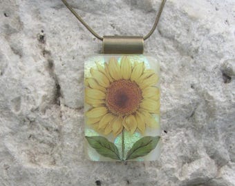 Earthy Sunflower Pendant Dichroic Fused Glass Bronze Sunflower Necklace