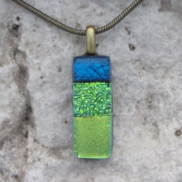 Tiny Blue Green Pendant Fused Dichroic Glass  Blue Green Necklace