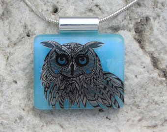 Owl Necklace Fused Dichroic Glass Blue Owl Pendant