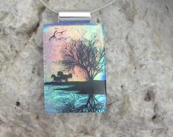 Horse and Sunset Reflection Tree Necklace Dichroic Fused Glass Lake Tree Pendant