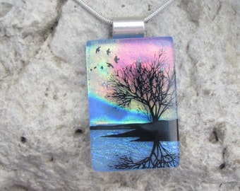 Sunset Reflection Tree Necklace Dichroic Fused Glass Lake Tree Pendant