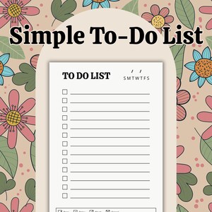 May include: A to-do list notepad with the text "Simple To-Do List" at the top. The notepad has a cream-colored background with a floral pattern. The to-do list has checkboxes and lines for writing.