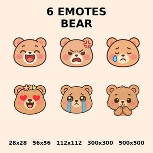 Cute Bear Emotes for Twitch & Discord – Kawaii Emote Pack PNG – Streamer Overlay Stickers – Digital Download – Pastel Mood Emotes