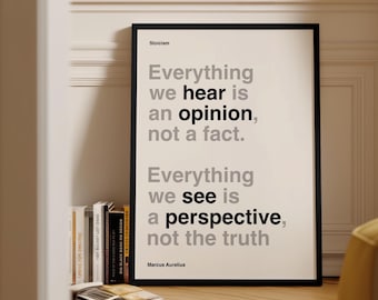 May include: A framed black and white print with the text "Everything we hear is an opinion, not a fact. Everything we see is a perspective, not the truth." The print is propped against a wall with books.