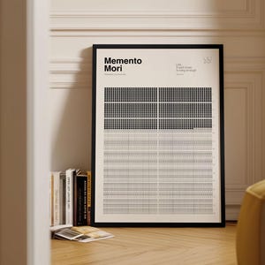 May include: A framed black and white print with the words "Memento Mori" at the top. The print has a grid-like design with black and white squares. The print is leaning against a wall next to a stack of books.