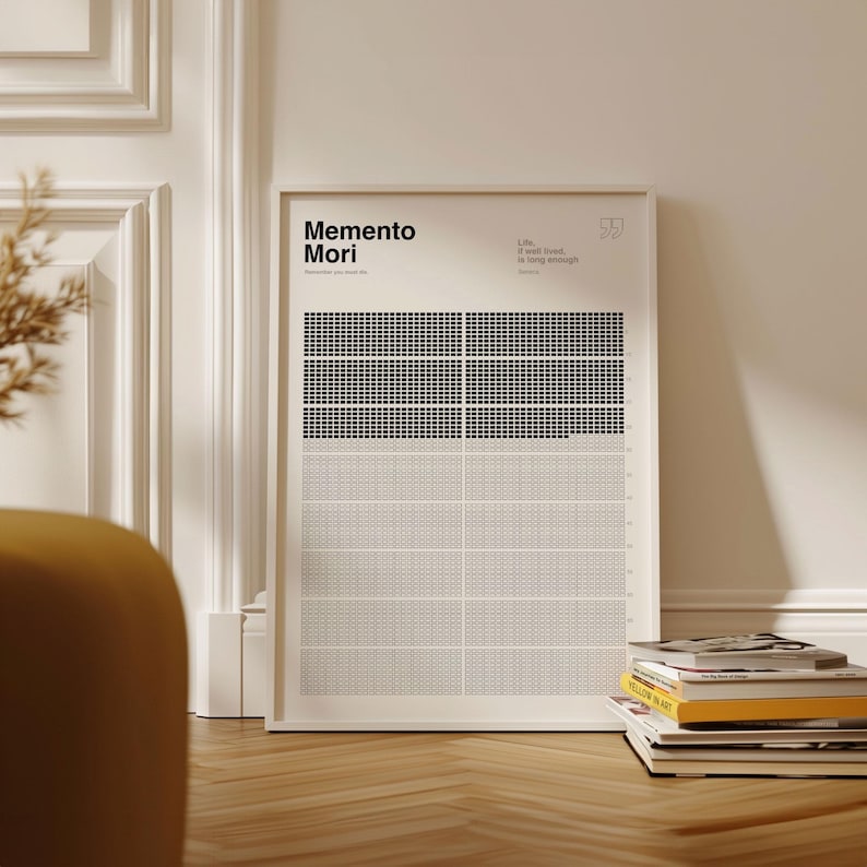 May include: A framed art print with the words "Memento Mori" in bold black font. The print features a grid-like design with black and white squares. A stack of books rests on the wooden floor in front of the print.
