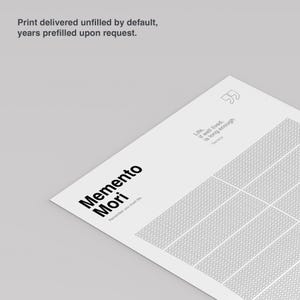 May include: A white print with the words "Memento Mori" in bold black font. The print includes a quote by Seneca, "Life, if well lived, is long enough." The print is designed with a grid pattern for tracking. The text "Remember you must die" is also included.