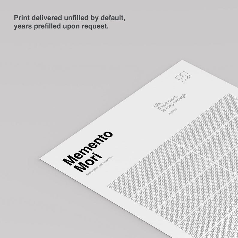 May include: A white print with the words "Memento Mori" in bold black font. The print includes a quote by Seneca, "Life, if well lived, is long enough." The print is designed with a grid pattern for tracking. The text "Remember you must die" is also included.
