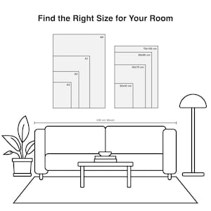 Puede incluir: Ilustraci&oacute;n en blanco y negro que muestra la distribuci&oacute;n de una habitaci&oacute;n con un sof&aacute;, una mesa de centro y una l&aacute;mpara de pie. El texto "Find the Right Size for Your Room" est&aacute; en la parte superior. Se muestran tama&ntilde;os de p&oacute;ster, incluyendo 30x40 cm, 50x70 cm, 60x90 cm y 70x100 cm.
