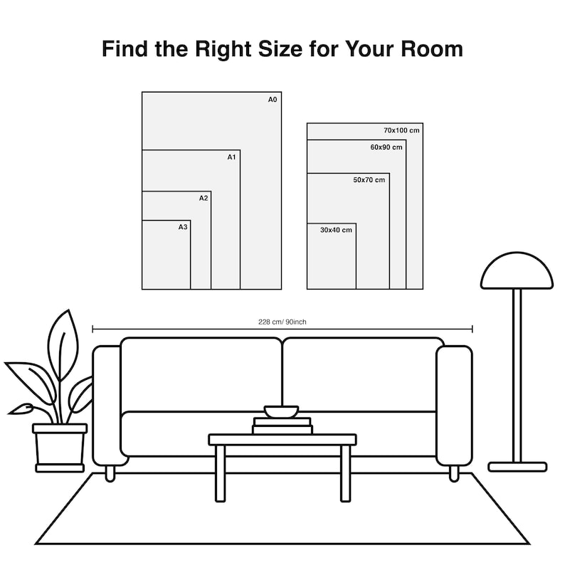 Puede incluir: Ilustraci&oacute;n en blanco y negro que muestra la distribuci&oacute;n de una habitaci&oacute;n con un sof&aacute;, una mesa de centro y una l&aacute;mpara de pie. El texto "Find the Right Size for Your Room" est&aacute; en la parte superior. Se muestran tama&ntilde;os de p&oacute;ster, incluyendo 30x40 cm, 50x70 cm, 60x90 cm y 70x100 cm.
