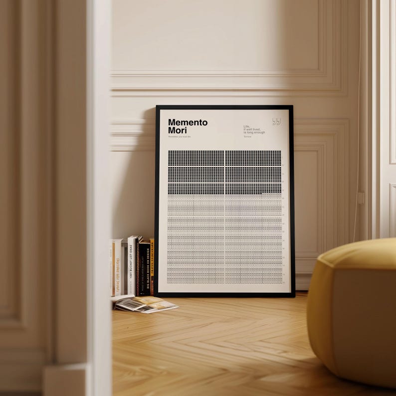 May include: A framed black and white print with the words "Memento Mori" at the top. The print has a grid-like design with black and white squares. The print is leaning against a wall next to a stack of books.