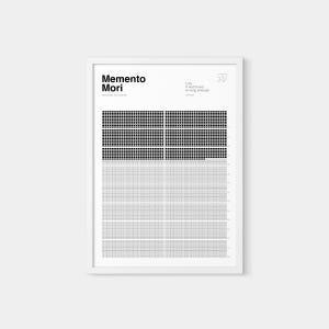 May include: A framed minimalist art print with the words "Memento Mori" and "Remember you must die." The print features a grid pattern in black and gray, with a quote about life. The artwork is in a white frame.