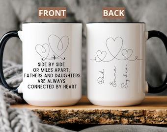 Personalized Father Daughter Mug, Long Distance State To State Coffee Cup With Names, Always Connected By Heart, Custom Gift From Daughters