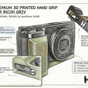 Può includere: Impugnatura premium stampata in 3D per fotocamere Ricoh GRIV. Il design presenta una texture ergonomica per una presa migliore e pieno accesso al vano batteria e allo slot SD. Disponibile in nero opaco, verde militare e marrone ghiaccio.