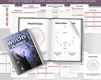 Planificador de brujas imprimible, planificador diario espiritual en PDF, rastreador de fases lunares, plantilla de diario de tarot, organizador místico de autocuidado