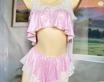 Pink Heart Print Satin Lace Lingerie Set Pajamas