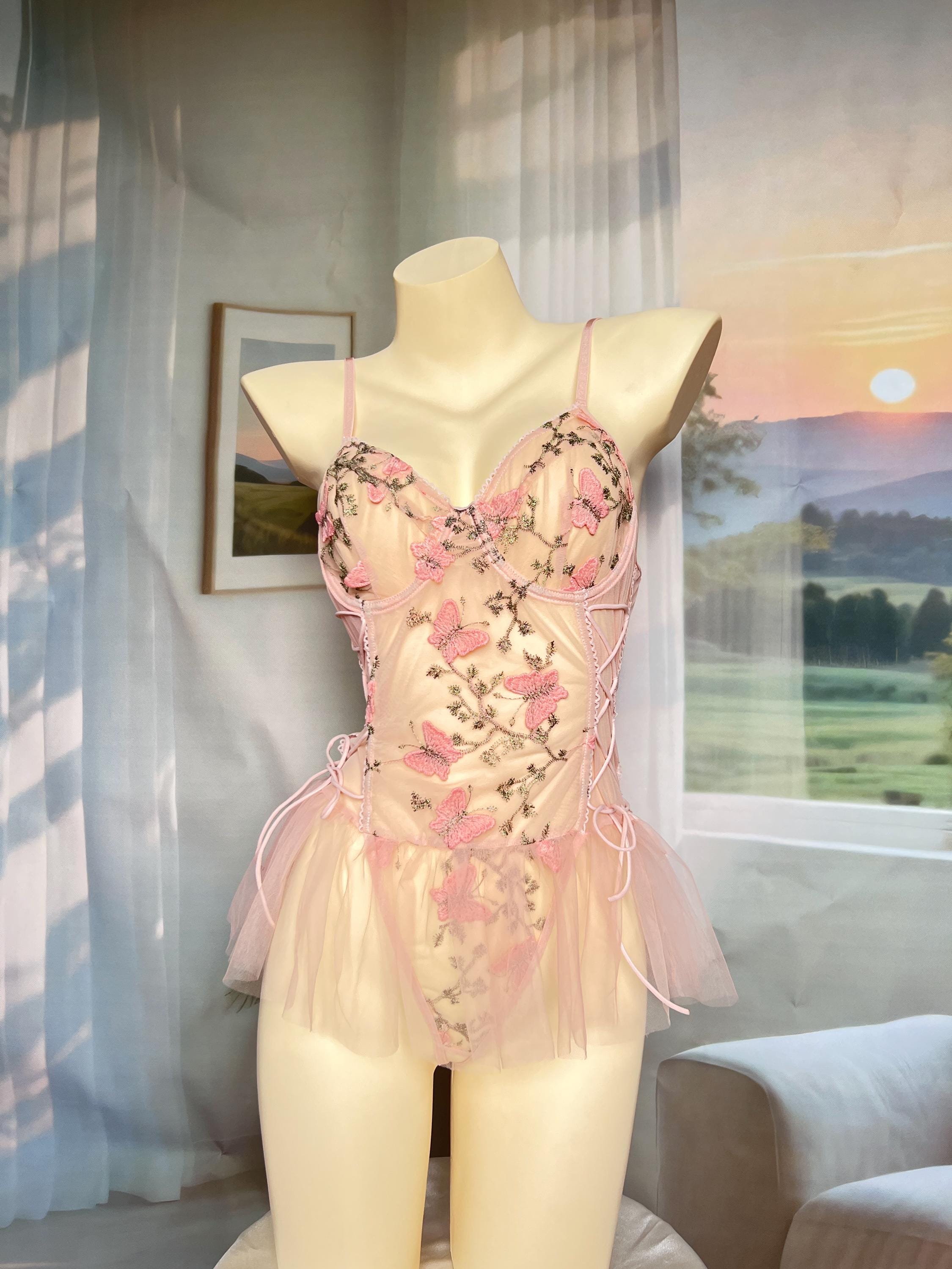 open lace back dress Sheer Fur-Trimed Butterfly Babydoll Pink / M main image 0