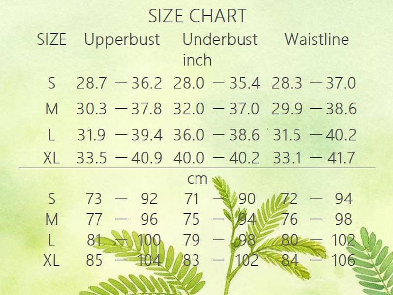 K&ouml;nnte beinhalten: Eine Gr&ouml;&szlig;entabelle mit hellgr&uuml;nem Hintergrund und gr&uuml;nen Blattillustrationen. Die Tabelle listet die Gr&ouml;&szlig;en S, M, L und XL mit den entsprechenden Ma&szlig;en f&uuml;r Oberbrust, Unterbrust und Taille in Zoll und Zentimetern f&uuml;r die Kleidergr&ouml;&szlig;e auf.