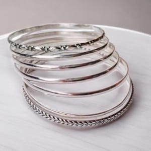 Sterling Silver Bangles, Set of 7, Designer Stackable Bangles, Handmade bangle, Flower Bangle, Flower Bangle, Gift for her  weeding bangle.