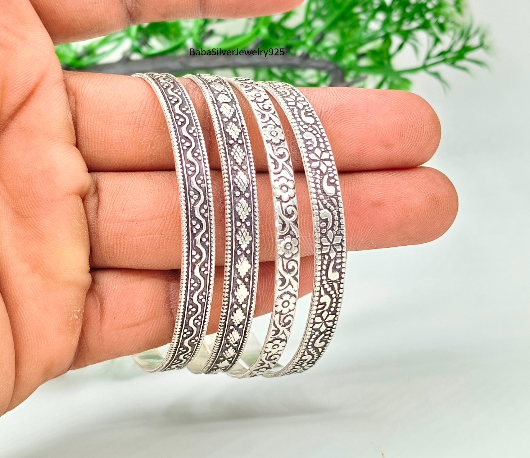 Set of 4 Sterling Silver Bangles – Stackable 925 Silver Handmade