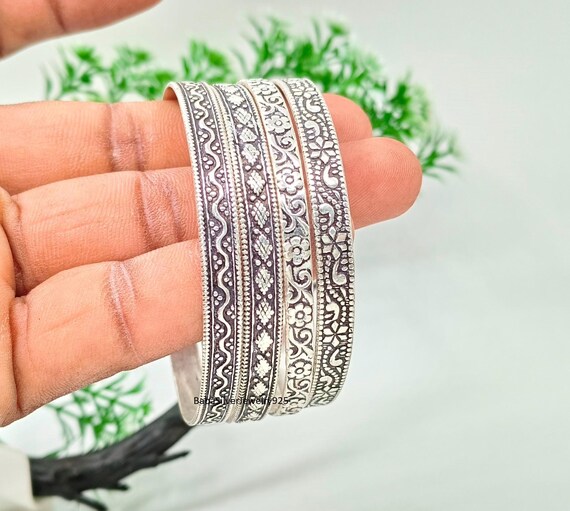 Set of 4 Sterling Silver Bangles – Stackable 925 Silver Handmade