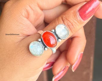 Handmade Sterling Silver Carnelian & Moonstone Ring, Boho Jewelry Gift for her