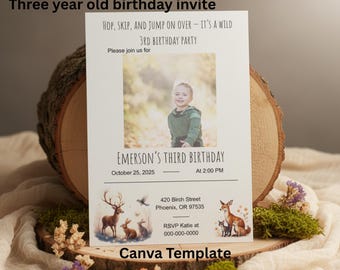 Woodland Creatures 3rd Birthday Invitation | Editable Canva Template | Printable Digital Download
