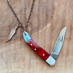 Hand Forged Pocket Knife Necklace, Damascus Steel Knife, Knife Jewelry, Fancy, Folding Knife Keychain, Handmade Knives, Camel Bone, Wood