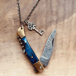 Hand Forged Pocket Knife Necklace, Damascus Steel Knife, Knife Jewelry, Fancy, Folding Knife Keychain, Handmade Knives, Camel Bone, Wood