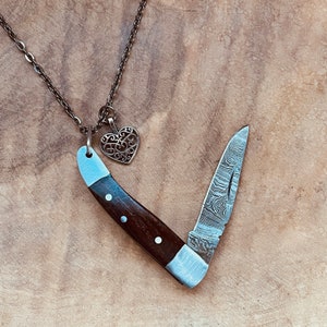 Pocket Knife Necklace, Damascus Steel Knife, Knife Jewelry, Fancy, Folding Knife Keychain, Handmade Knives, Camel Bone, Wood, Mini Knife